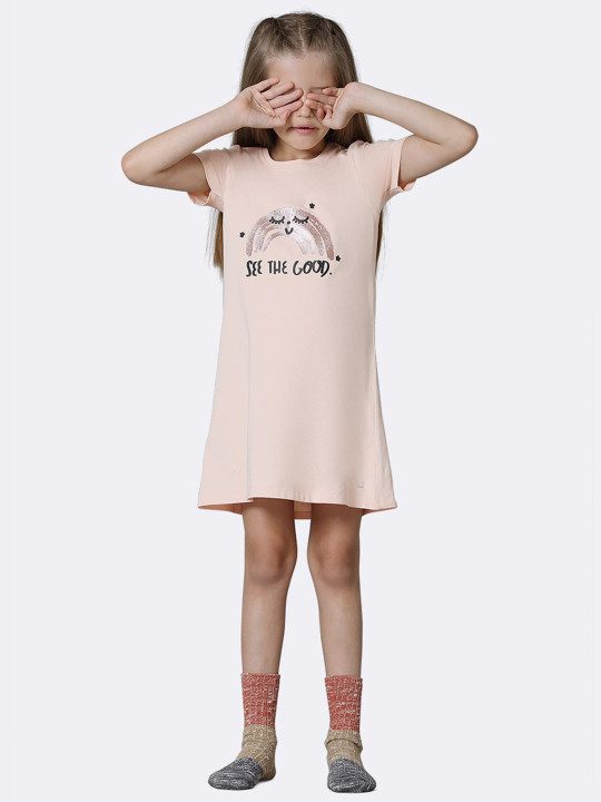 Girls Round Neck Typograpphy Printed Short Sleeves Cotton T-shirt Nightdress