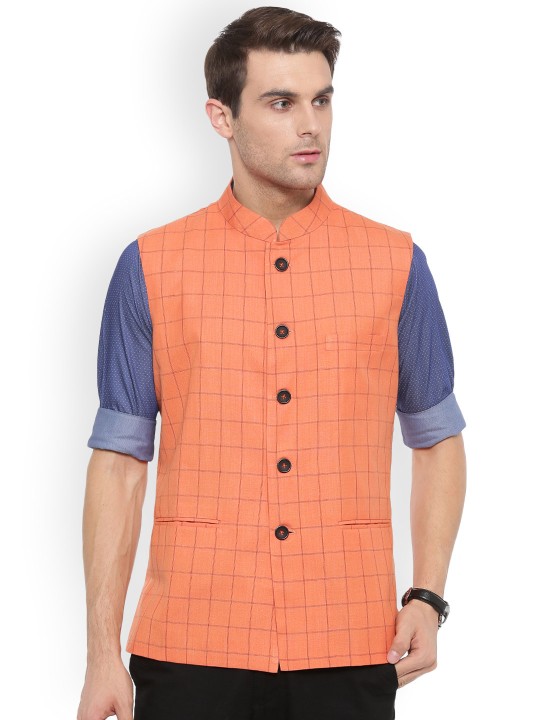 Orange & Black Checked Slim Fit Nehru Jacket XXL