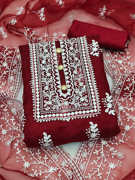 KALINI Floral Embroidered Organza Unstitched Dress Material