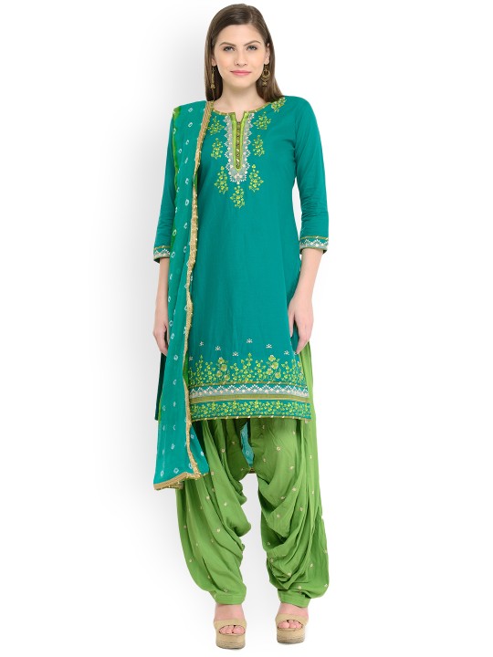 Green Cotton Blend Unstitched Dress Material