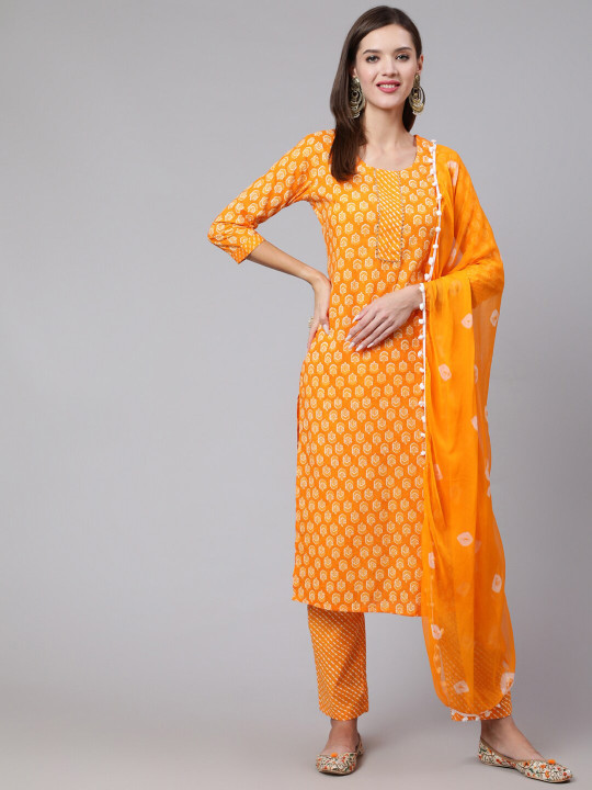 GLAM ROOTS Women Floral Printed Gotta Patti Pure Cotton Kurta With Trousers & Dupatta