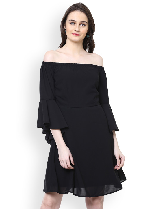 Women Black Solid Fit And Flare Bardot Dress Xl | Desertcart Jamaica