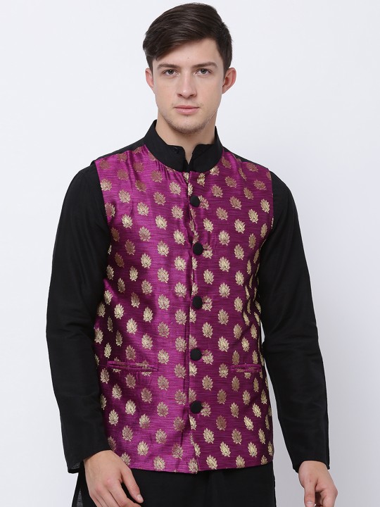 Purple Brocade Nehru Jacket S