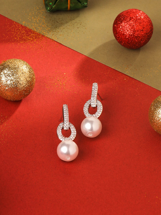 Yellow Chimes Rhodium-Plated American Diamond White Pearl Drop Earrings