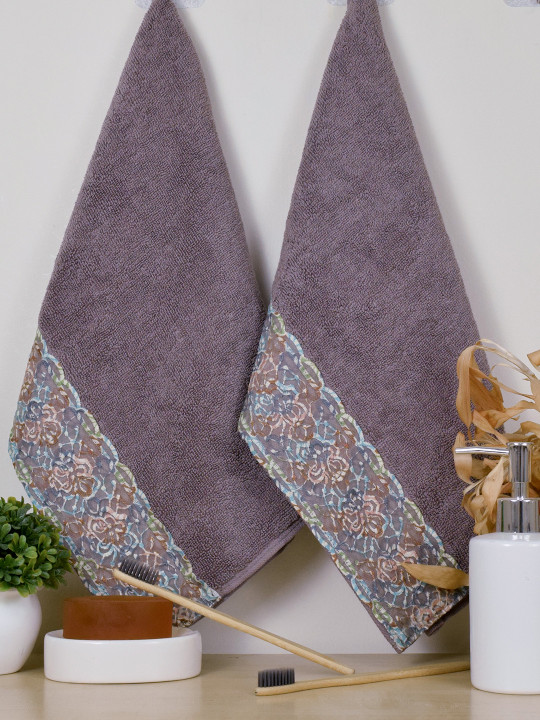 RANGOLI Sun Shine Charcoal Pack of 2 Solid 550 GSM 100% Cotton Hand Towels With Lace