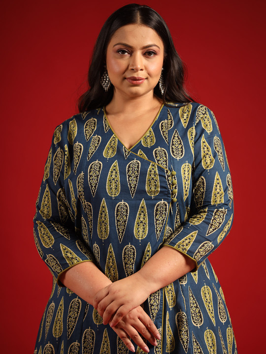 anayna Women Navy Blue & Green Ethnic Motifs Printed Cotton Kurta