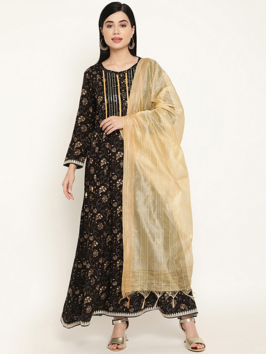 Be Indi Floral Printed Maxi-Length Ethnic Dress With Self Design Dupatta