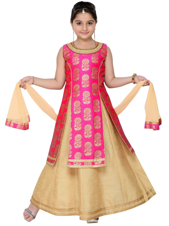 Girls Pink & Beige Woven Design Lehenga Choli & Dupatta