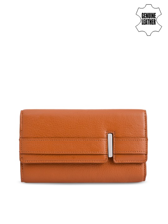 Women Tan Solid Three Fold Leather Wallet