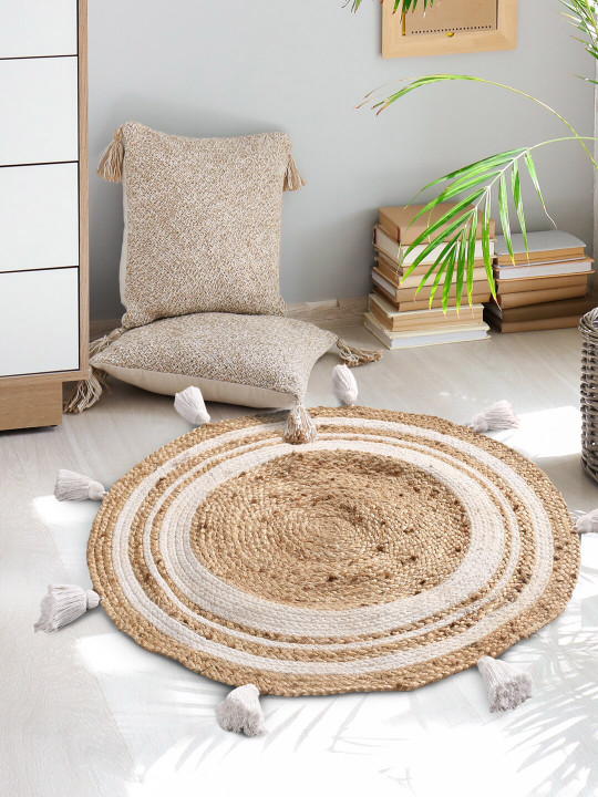 Tan and White Jute Braided Round Floor Mat