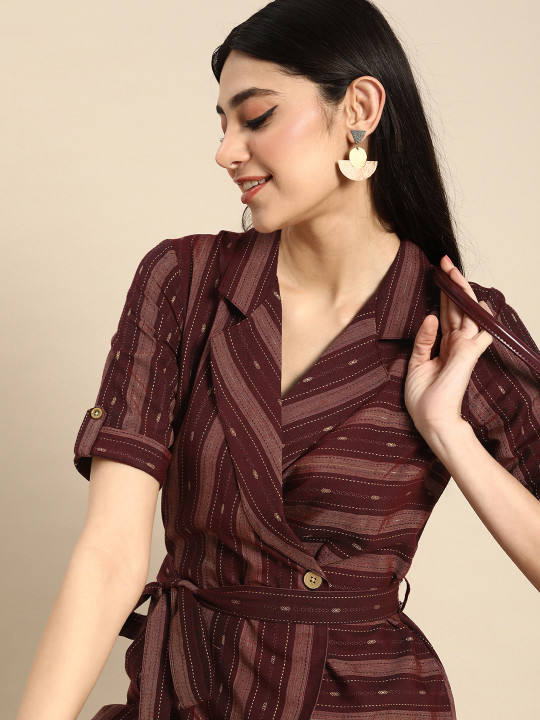Anouk X fwd Lapel Collar Roll-Up Sleeves Striped Belted Fusion Wrap Kurta