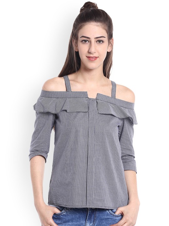 Women Black & White Checked Bardot Top XS