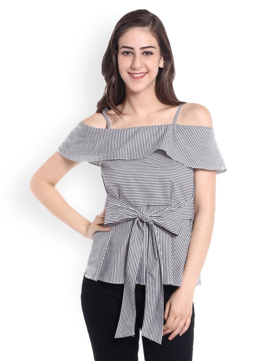 Women Black & White Striped Bardot Top XS