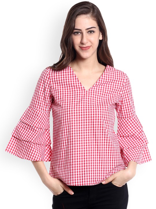 Women Red & White Checked Top XS