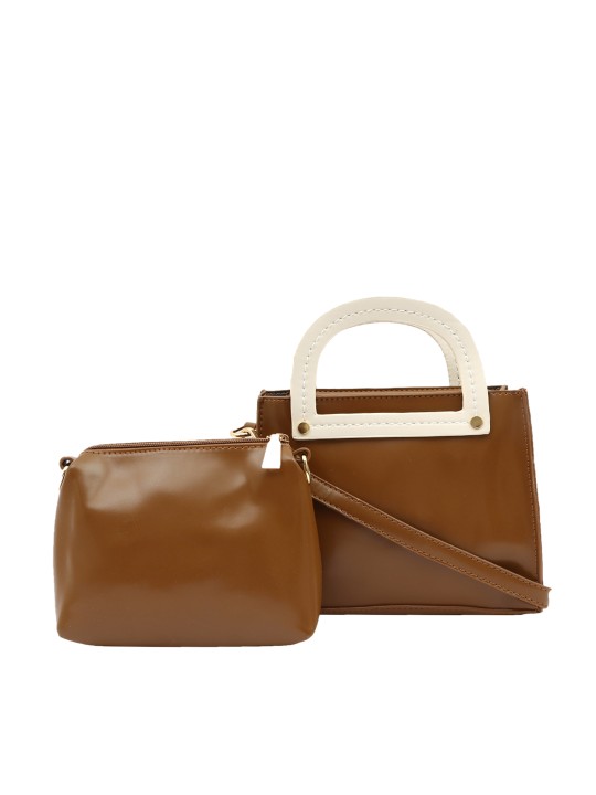 Brown Solid Handheld Bag with Pouch