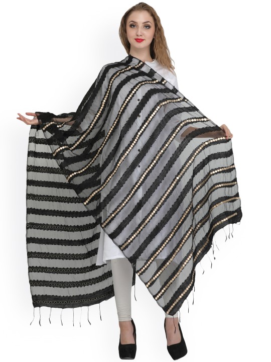 Black Self-Striped Embroidered Organza Dupatta