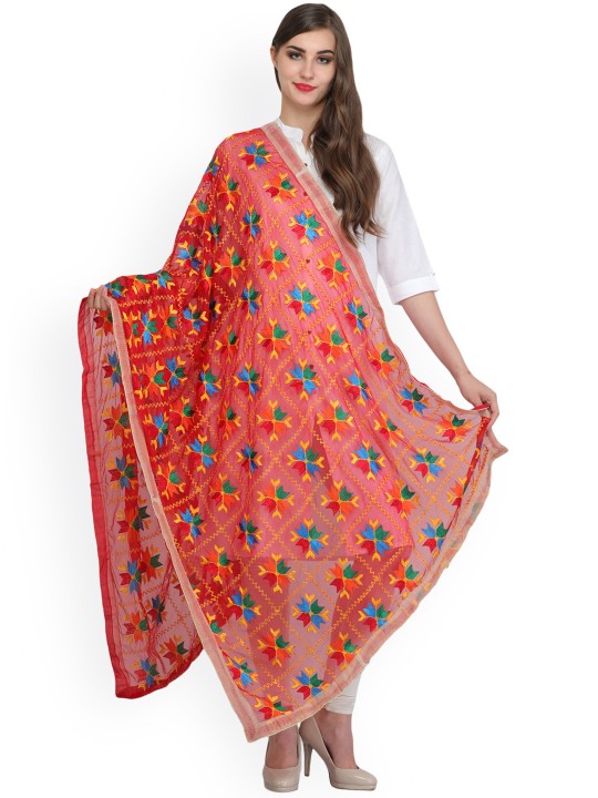 Red Phulkari Embroidered Dupatta