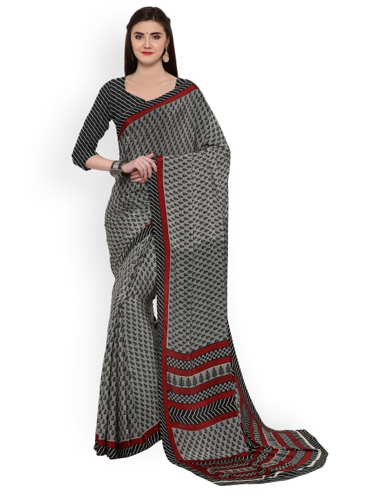 Grey Printed Poly Crepe Saree