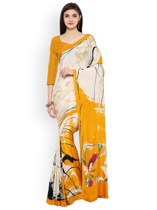 Beige & Yellow Printed Poly Crepe Saree