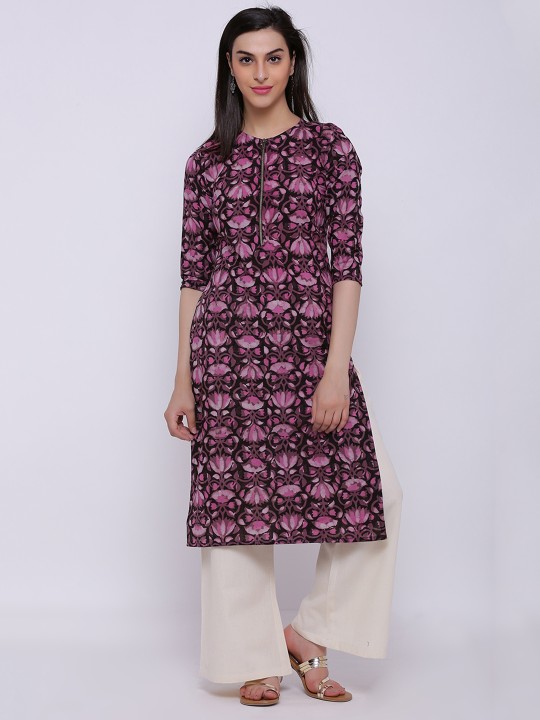 Women Pink & Black Block Print Straight Kurta S