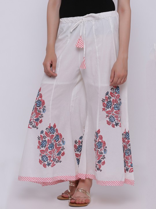 Women White Block Print Flared Palazzos 28
