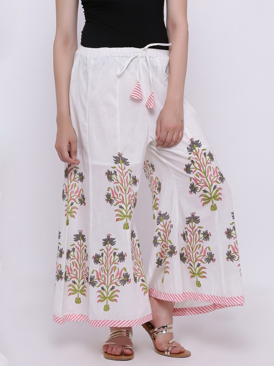 Women White Block Print Flared Palazzos 28