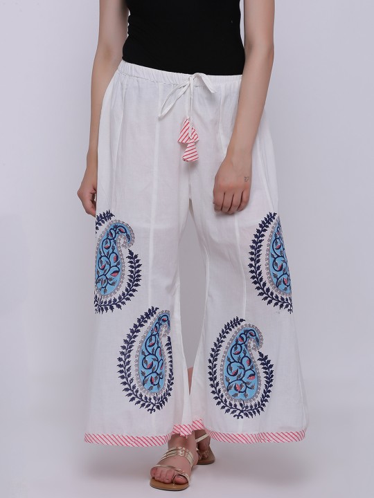 Women White Block Print Flared Palazzos 28