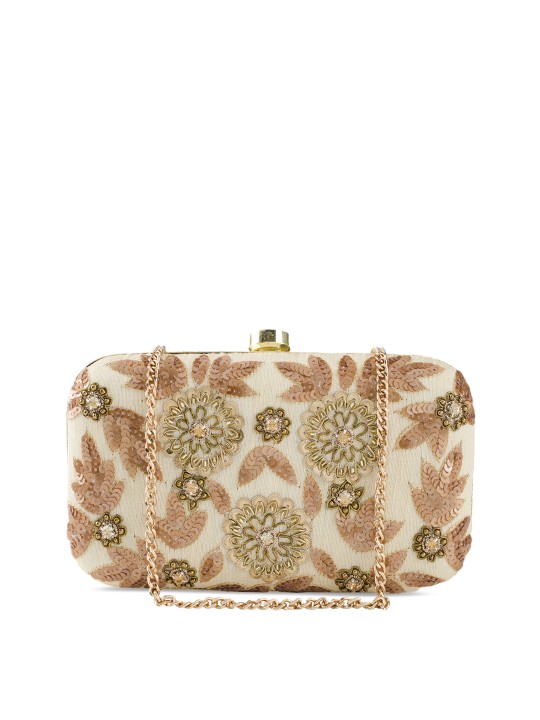 Beige Embellished Handcrafted Box Clutch with Chain Strap