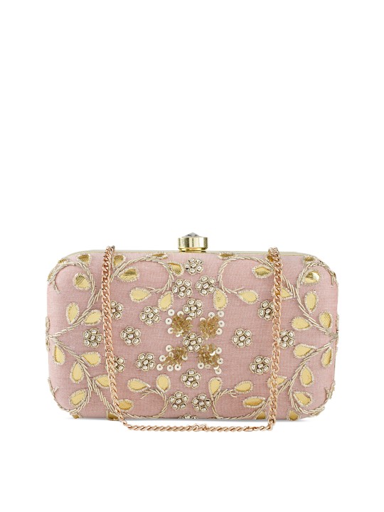 Pink Embellished Handcrafted Box Clutch with Chain Strap