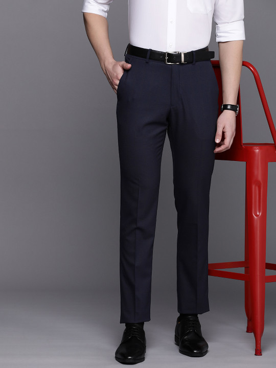 Louis Philippe Men Navy Blue Checked Super Slim Fit Trousers