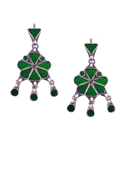 Green Silver Handcrafted Enamel Drop Earrings