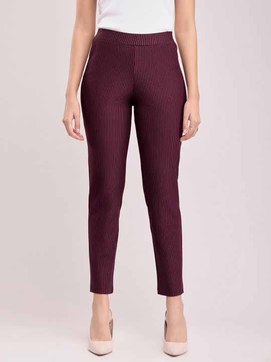 FABLE STREET Maroon LivIn Women Striped Relaxed Straight Fit Trousers