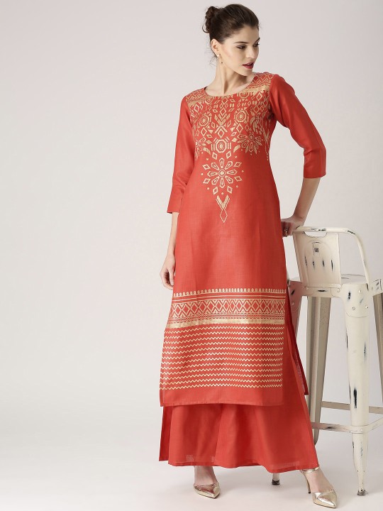 Women Coral Red Printed Kurta with Palazzos XS