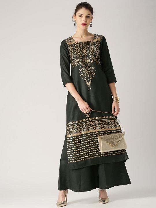 Women Green Printed Kurta with Palazzos XS