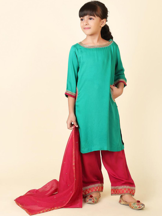 Fabindia Girls Ethnic Motifs Yoke Design Kurta with Palazzos & Dupatta