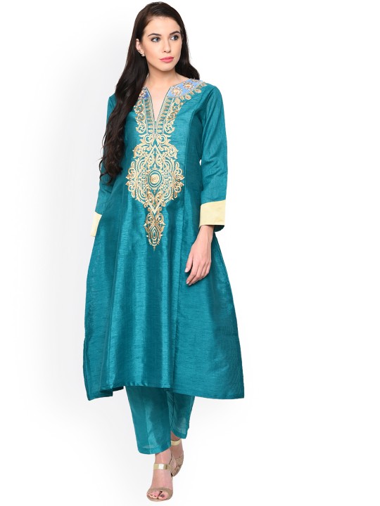 Women Teal Blue Embroidered Kurta with Trousers S