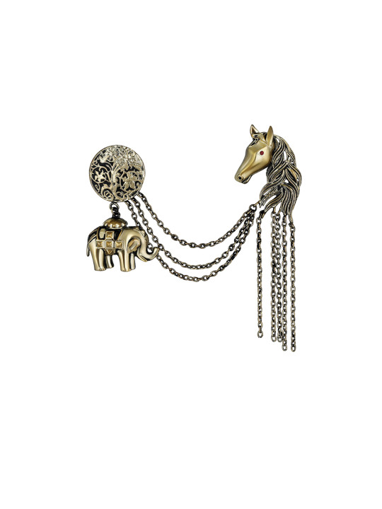 Mahi Alloy Baby Elephant & Horse Face Floral Charm Brooch With Chain