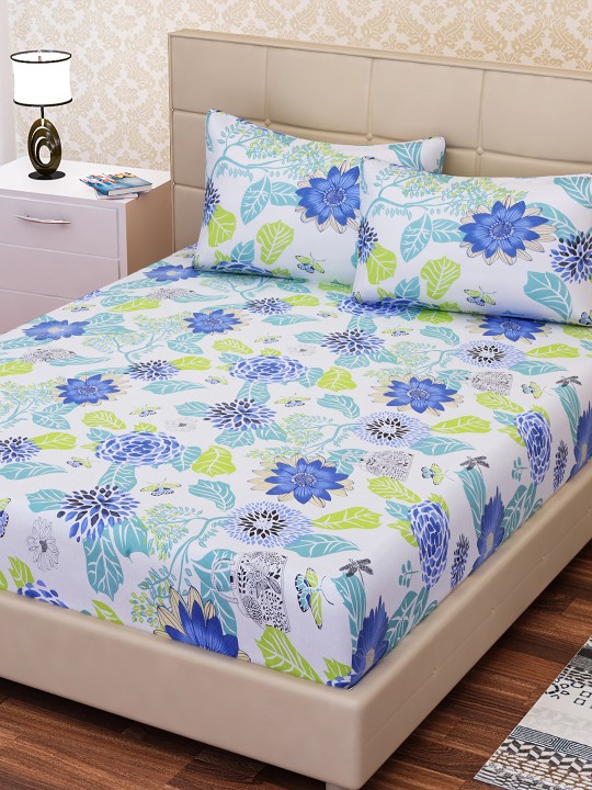 White & Blue Cotton 144 TC Double King Bedsheet With 2 Pillow Covers