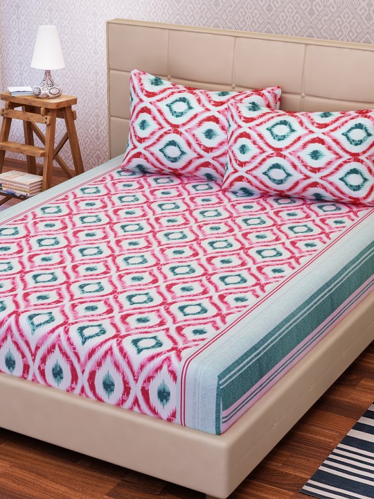White & Red Cotton 144 TC Double King Bedsheet With 2 Pillow Covers