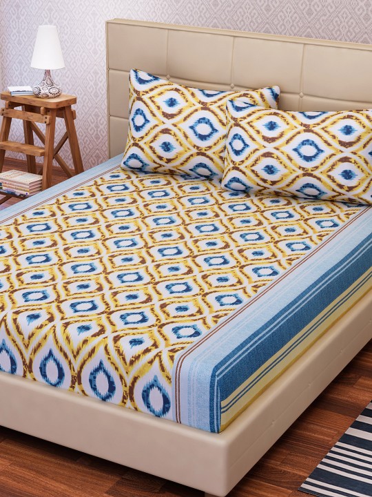 White & Brown Cotton 144 TC Double King Bedsheet With 2 Pillow Covers