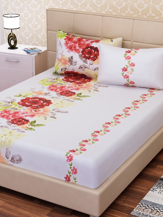 White & Red Cotton 144 TC Double King Bedsheet With 2 Pillow Covers
