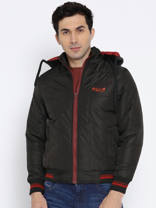 Men Black Solid Bomber Jacket with Detachable Hood M