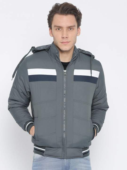 Men Grey Solid Bomber Jacket with Detachable Hood M
