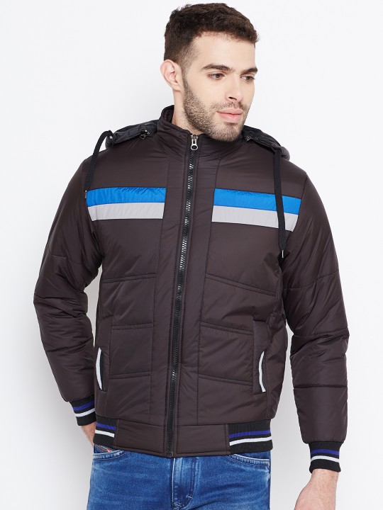 Men Brown Solid Hooded Bomber Jacket M
