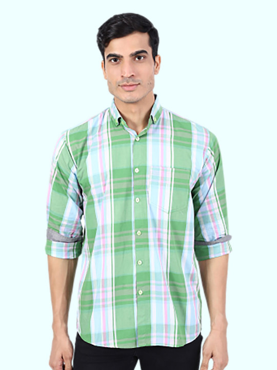 TAHVO Men Green Premium Slim Fit Tartan Cotton Checked Casual Shirt