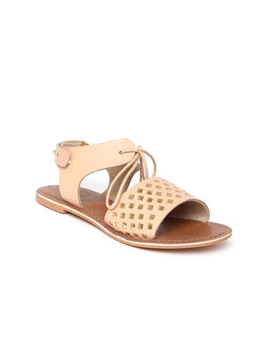 Women Beige Solid Leather Open Toe Flats 36