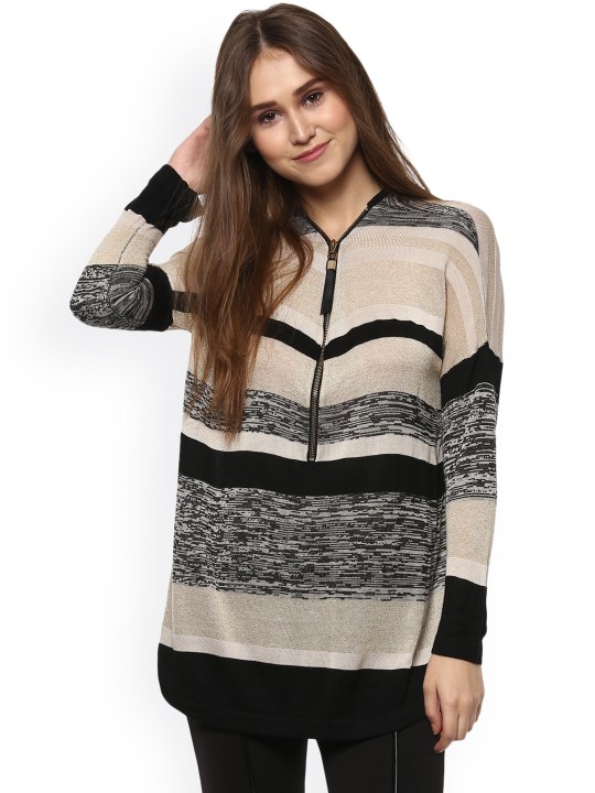 Women Black & Beige Striped Pullover S