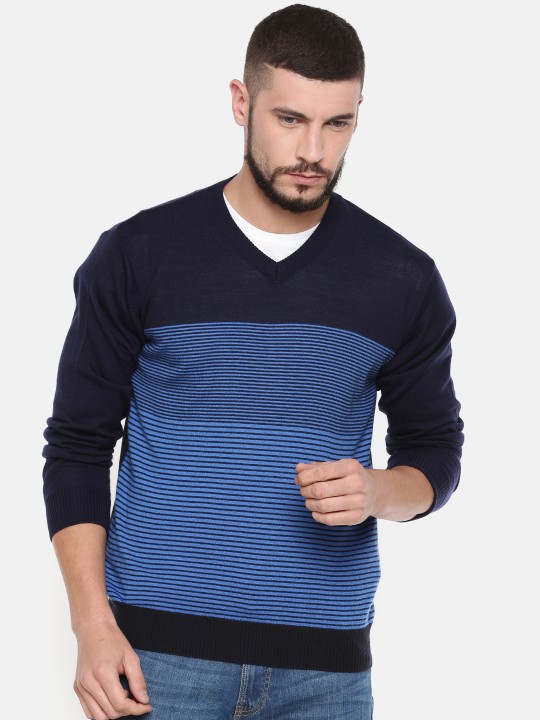 Men Blue Striped Pullover S