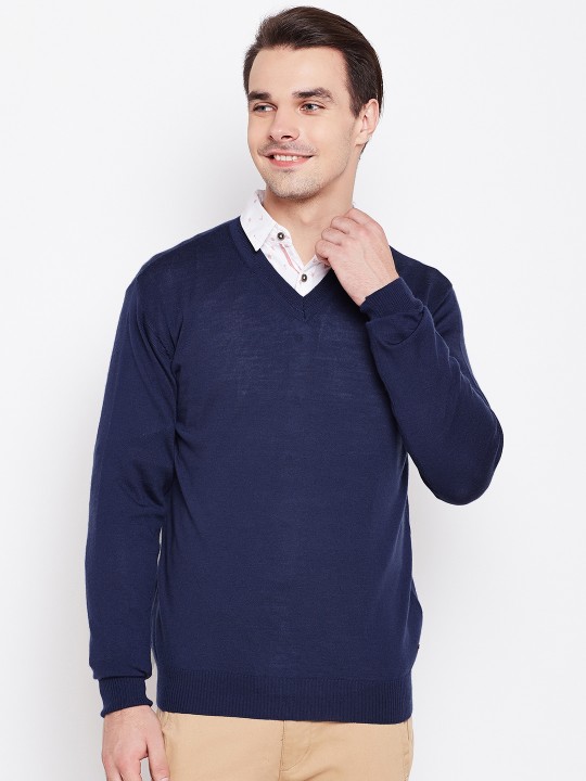 Men Blue Solid Merino Wool Sweater S