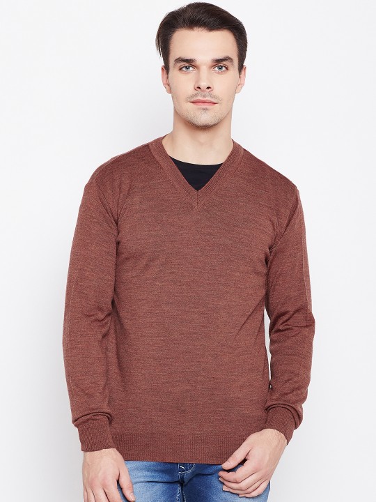 Men Rust Brown Woollen Solid Pullover
